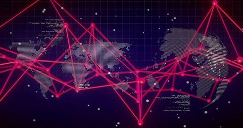 Global Data Network Visualizing Neon Magenta Nodes and Dotted World Map Connecting Hubs