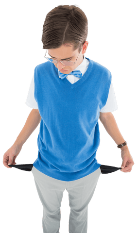 transparent geek in blue sweater showing empty pockets - Download Free Stock Videos Pikwizard.com
