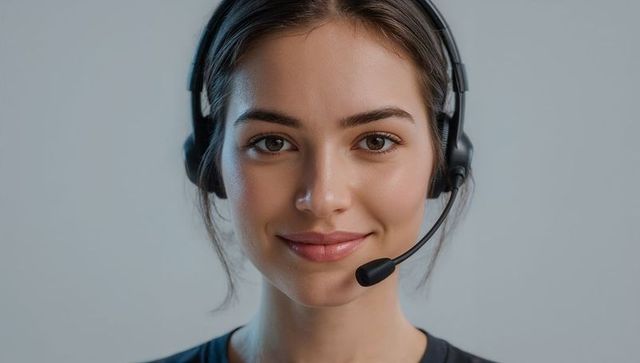 Smiling female customer support agent wearing headset and microphone closeup headshot