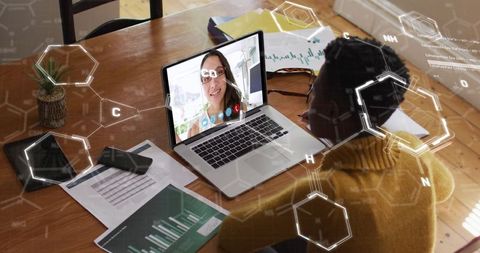 Woman Having Video Call with Chemical Formulas Overlay