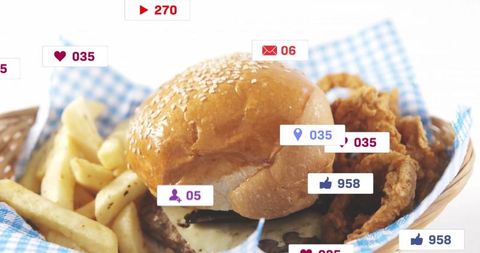Burger with Fries and Social Media Icon Overlays