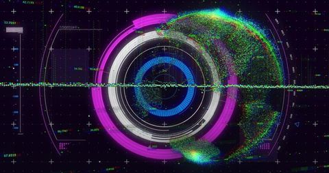 Rotating Concentric HUD Displaying Particle Globe, Neon Waveform and Telemetry Grid