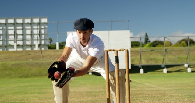 Focused Cricket Player Catching Ball on Outdoor Field - Download Free Stock Images Pikwizard.com