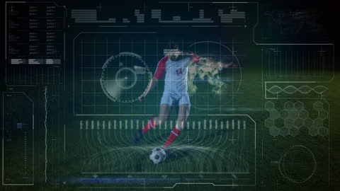 Soccer Player Kicking Ball with Technology Data Overlay