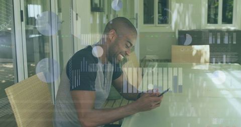 Smiling Man Using Smartphone with Digital Data Graphics Overlay