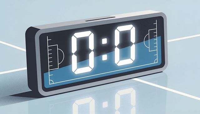 Digital led scoreboard showing 0:0 on glossy court reflecting minimalist blue design