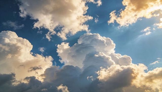 Towering cumulus clouds glowing in golden light with sunbeams piercing vivid blue sky