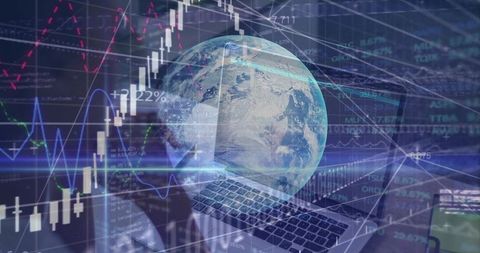 Global Market Hologram Over Laptop Displaying Stock Charts and Real-Time Financial Data