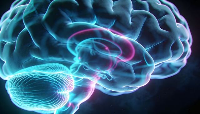3D Brain Rendering Revealing Cerebellum and Neural Circuits in Neon Cyan-Magenta Glow