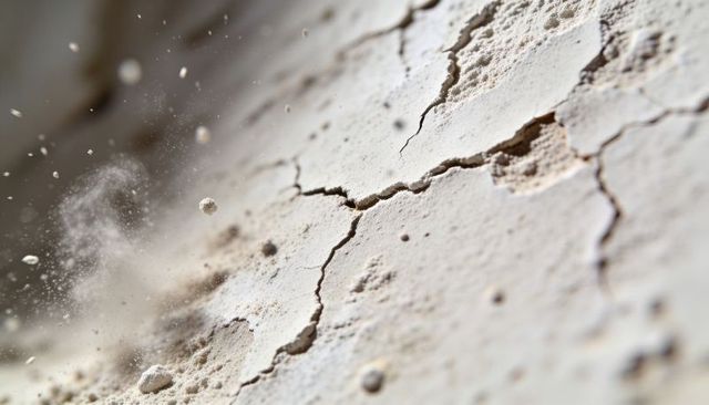 Breaking dry clay surface releasing fine dust particles macro texture close-up