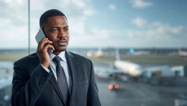 Executive Speaking on Phone at Airport Gate Overlooking Runway and Jet, Business Travel Focused