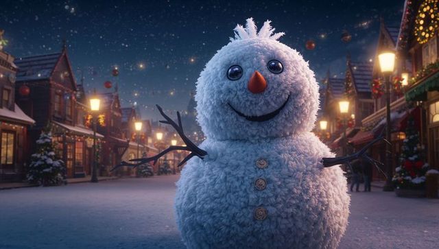 Cheerful Snowman on Festive Winter Street at Night