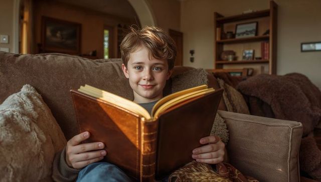 Young boy reading leather-bound book on plush sofa in cozy sunlit living room during golden light