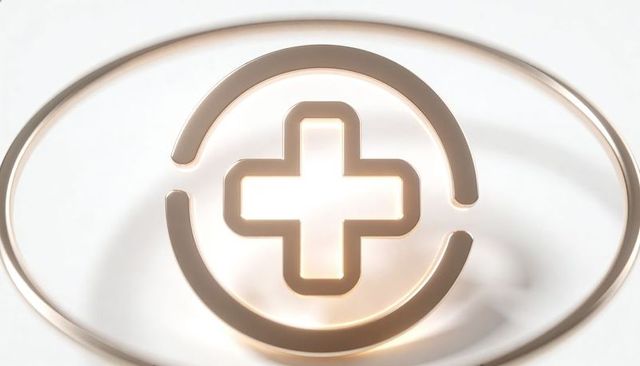 Glowing rose gold medical cross emblem on minimal white reflective surface