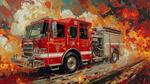 Bright red fire truck amid abstract flames background