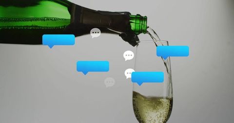 Pouring champagne into flute with floating chat bubbles representing social toasting