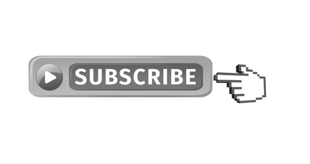 This vector illustration showcases a 'Subscribe' button with a hand icon pointing towards it and a play icon on the side, enhancing digital marketing materials. This image is perfect for use in websites, blogs, online video channels, or social media campaign designs to encourage user subscriptions.