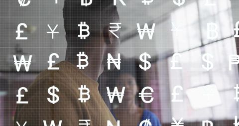 Man Standing at Window Discussing Fintech Strategy with Currency Symbol Overlay