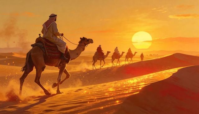 Crossing camel caravan at sunset, robed riders traversing golden desert dunes