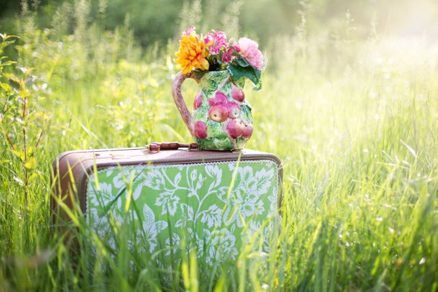 Vintage Suitcase with Floral Arrangement in Meadow - Download Free Stock Photos Pikwizard.com