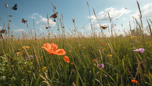 Sunlit prairie meadow with blooming orange poppies and butterflies soaring over wildflowers