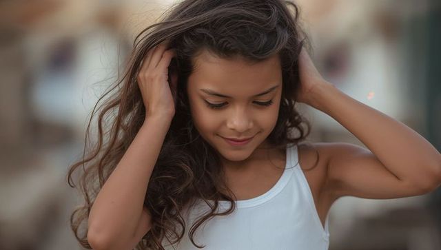 Preteen girl adjusting long wavy hair, smiling softly with sunlit urban bokeh