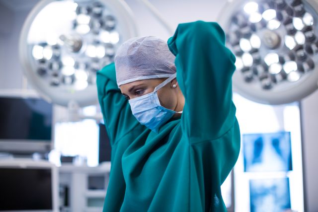 Female surgeon adjusting her surgical mask and gown in an operating room. Ideal for use in medical articles, healthcare websites, hospital brochures, and educational materials about surgery and healthcare professionals.