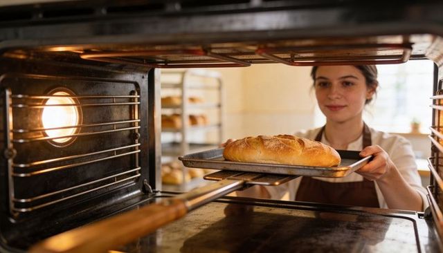 Artisan baker placing golden crusted loaf into oven using wooden peel and metal tray