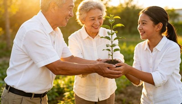Grandparents and granddaughter planting young sapling together at golden hour smiling