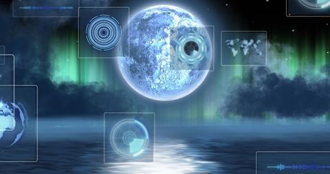 Futuristic Global Interface with Digital Displays Over Ocean Scene - Download Free Stock Images Pikwizard.com