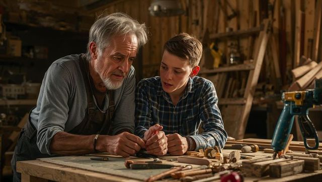 Senior craftsman teaching apprentice woodworking techniques