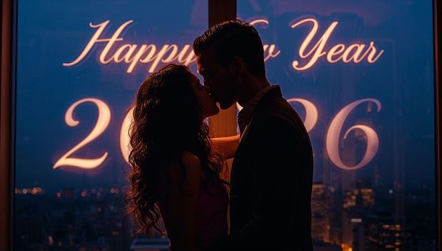 Kissing couple celebrating new year 2026 at high-rise window overlooking city skyline