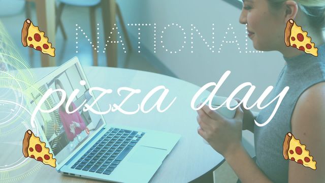 Businesswoman celebrating National Pizza Day while interacting on her laptop screen. Ideal for use in articles or advertisements focused on remote work celebrations, digital communication, and themed holidays.