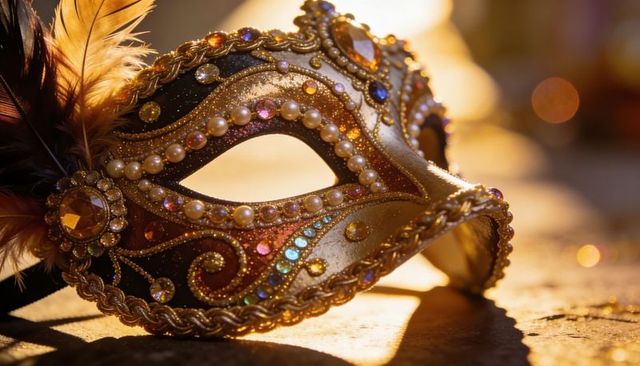 Ornate venetian masquerade mask glinting with gold trim, pearls, gems and feathers