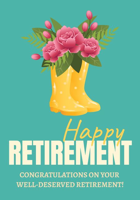 Ideal for congratulating someone on their retirement, this cheerful card features a vibrant floral arrangement in yellow boots against a green background. Perfect for giving a lighthearted and joyful feel to retirement celebrations, it can be used in print or digital format.