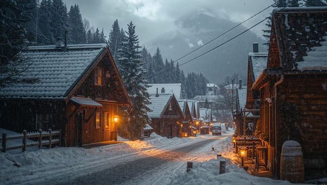 Snowy alpine village glowing with lantern light at dusk, wooden cabins lining winter road