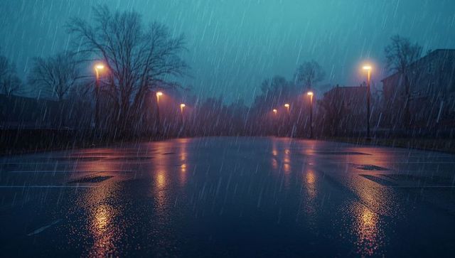 Nighttime Urban Road with Rain and Reflective Streetlamps