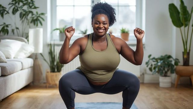 Smiling Woman Doing Squats on Yoga Mat in Cozy Living Room