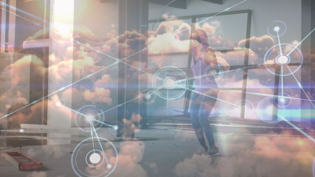 Athletic African American woman working out, superimposed with digital cloud interface concepts. Perfect for illustrating integration of fitness and technology, innovation, digital transformations, and futuristic workout environments.