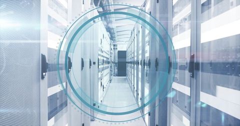 Modern data center corridor with futuristic digital overlay