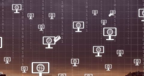 Digital Network Icons with Binary Code Over City - Download Free Stock Images Pikwizard.com