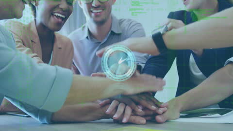 Diverse Team Collaborating with Digital Interface and Clock