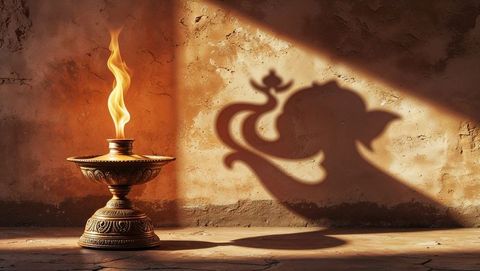 Lord ganesha shadow cast by flame from ornate oil lamp