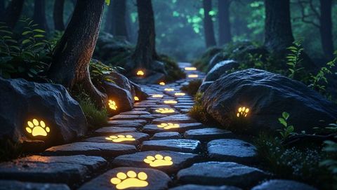 Magical pathway with glowing paw prints in foggy forest