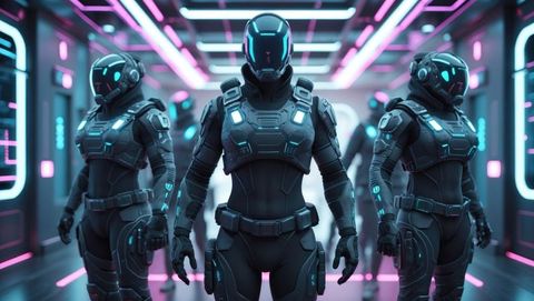 Futuristic bodyguards in neon-lit cyberpunk corridor