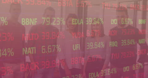 Diverse Team with Stock Market Data Overlay in Modern Office