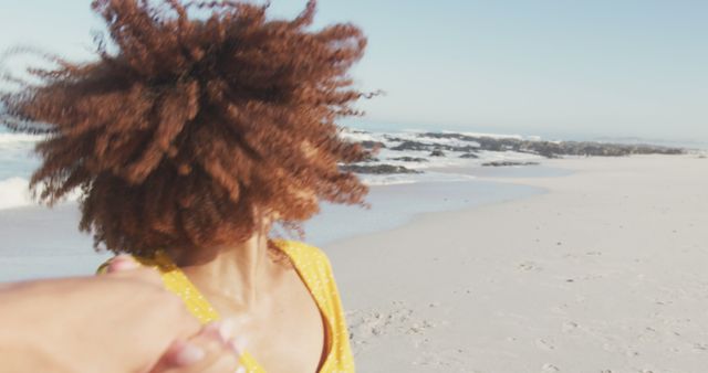 Woman Running on Beach Holding Hand, Carefree Summer Fun - Download Free Stock Images Pikwizard.com