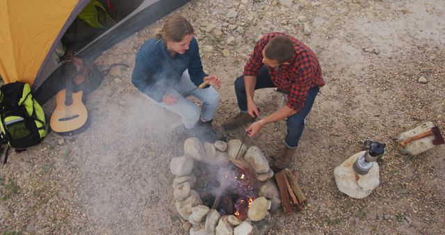 Friends Enjoying Campfire by Tent in Outdoor Adventure - Download Free Stock Images Pikwizard.com