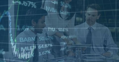 Business Team Discussing with Overlay of Financial Data Analysis