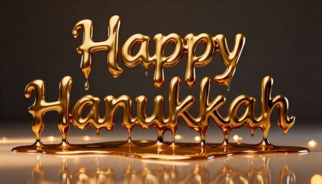 Melting Gold Happy Hanukkah Typography with Dripping Gloss and Candle Bokeh